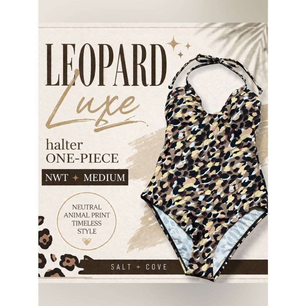 ✨ Salt + Cove Leopard Halter One-Piece Swimsuit Medium NWT Animal Print ✨